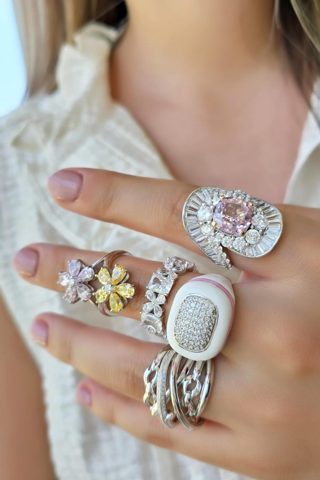 İTHAL PREMİUM  2Lİ LOTUS ÇİÇEĞİ SARI PEMBE GÜMÜŞ YÜZÜK  