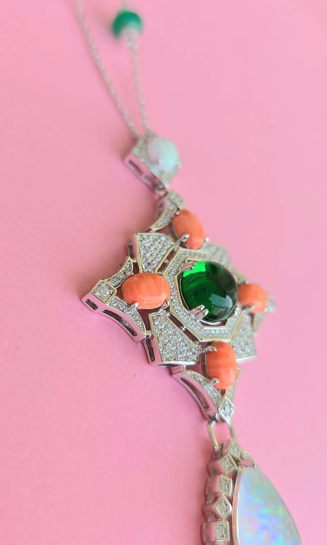 İTHAL PREMİUM KÖK ZÜMRÜT OPAL MERCAN DAMLA GÜMÜŞ KOLYE