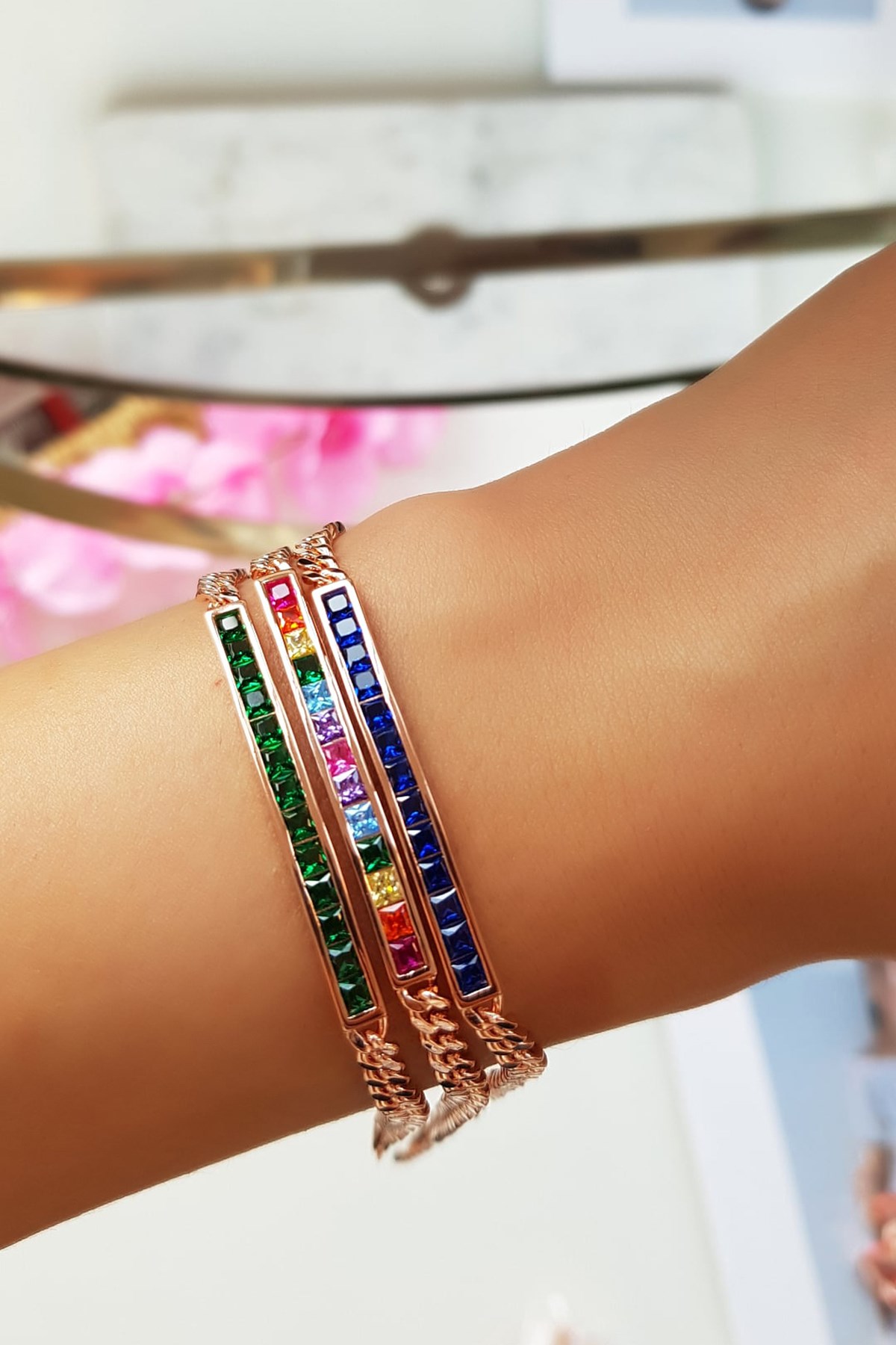 IMPORTED SILVER BRACELET WITH BLUE SQUARE STONES