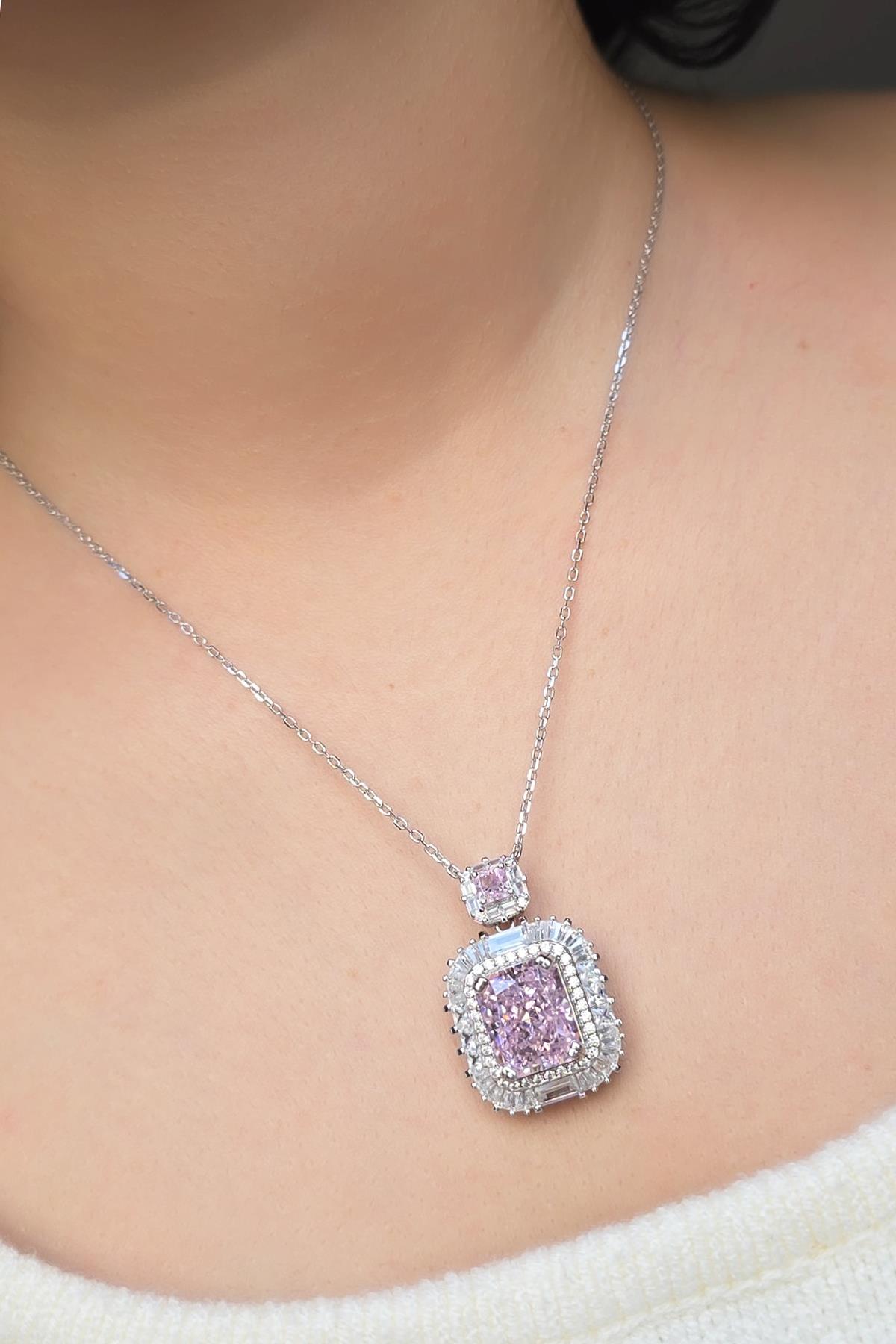 PEMBE BAGET BUZ KESİM GÜMÜŞ KOLYE