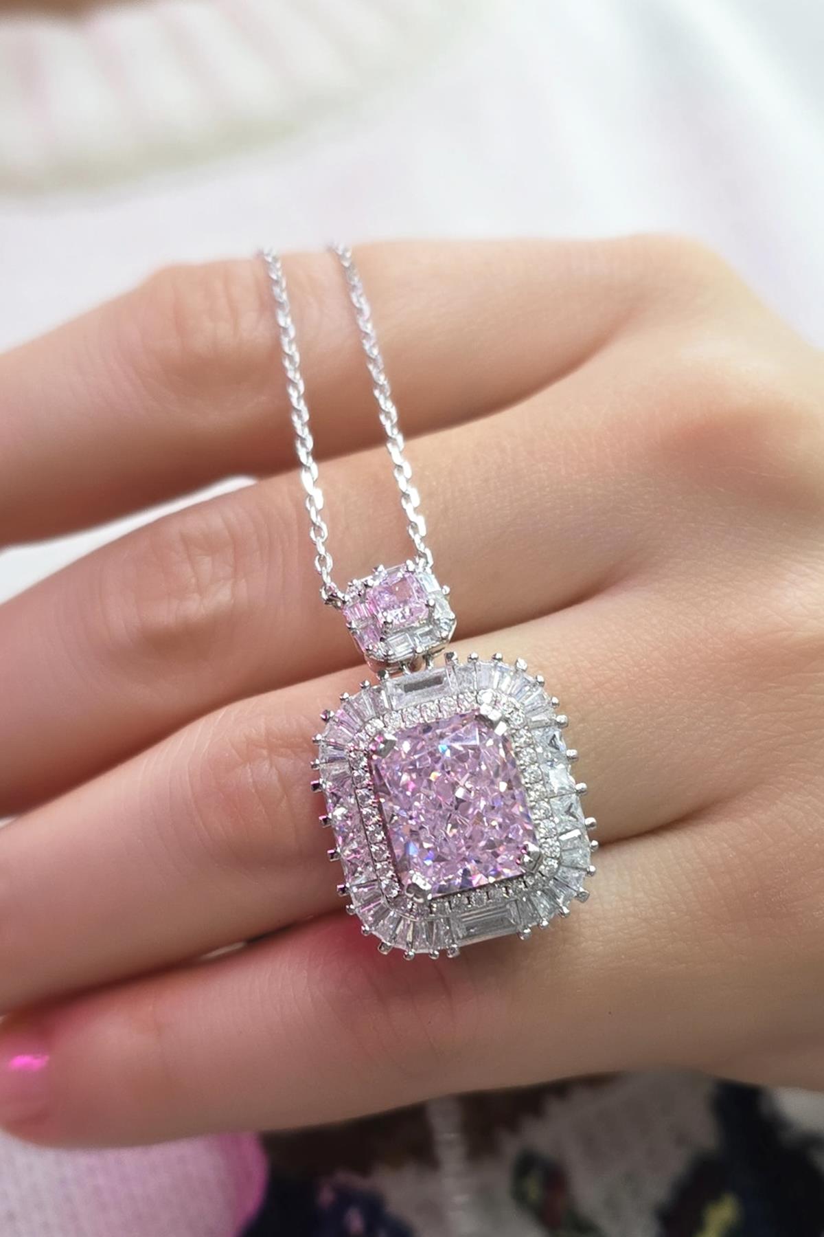 PEMBE BAGET BUZ KESİM GÜMÜŞ KOLYE