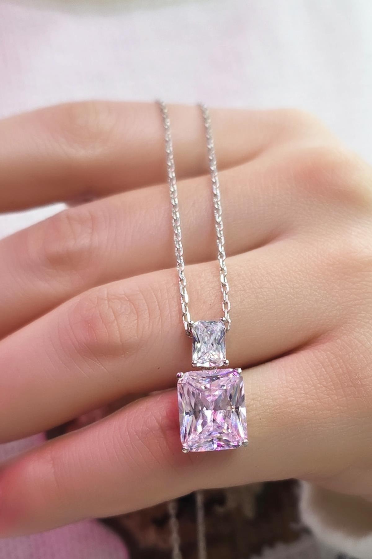 PEMBE BUZ KESİM DİKDÖRTGEN GÜMÜŞ KOLYE