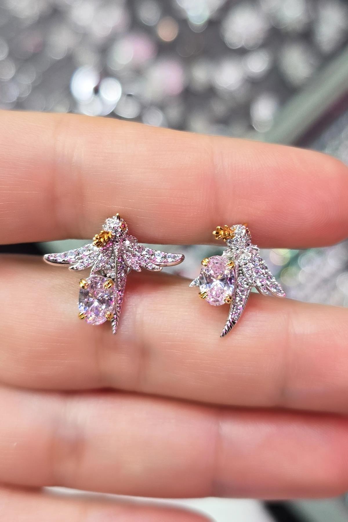 PEMBE KUŞ BIRD BUZ KESİM GÜMÜŞ KÜPE