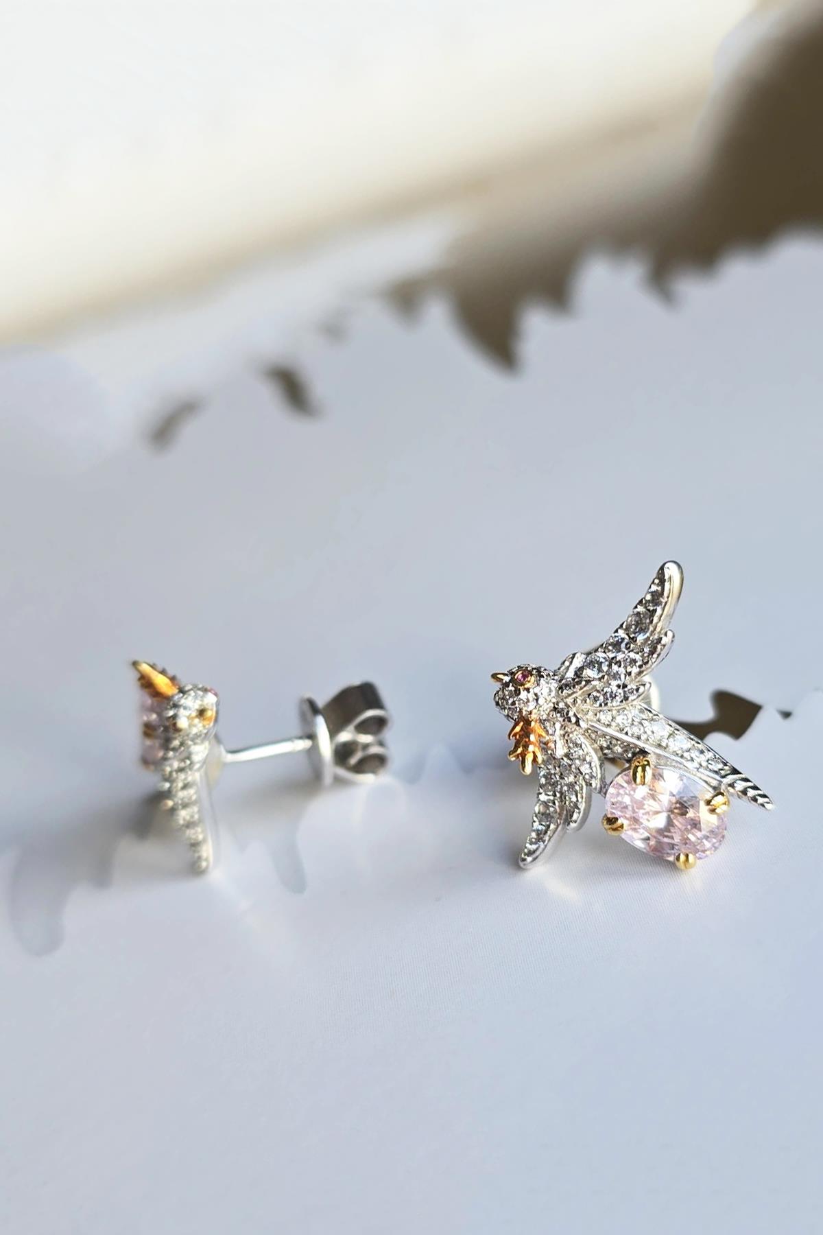 PEMBE KUŞ BIRD BUZ KESİM GÜMÜŞ KÜPE