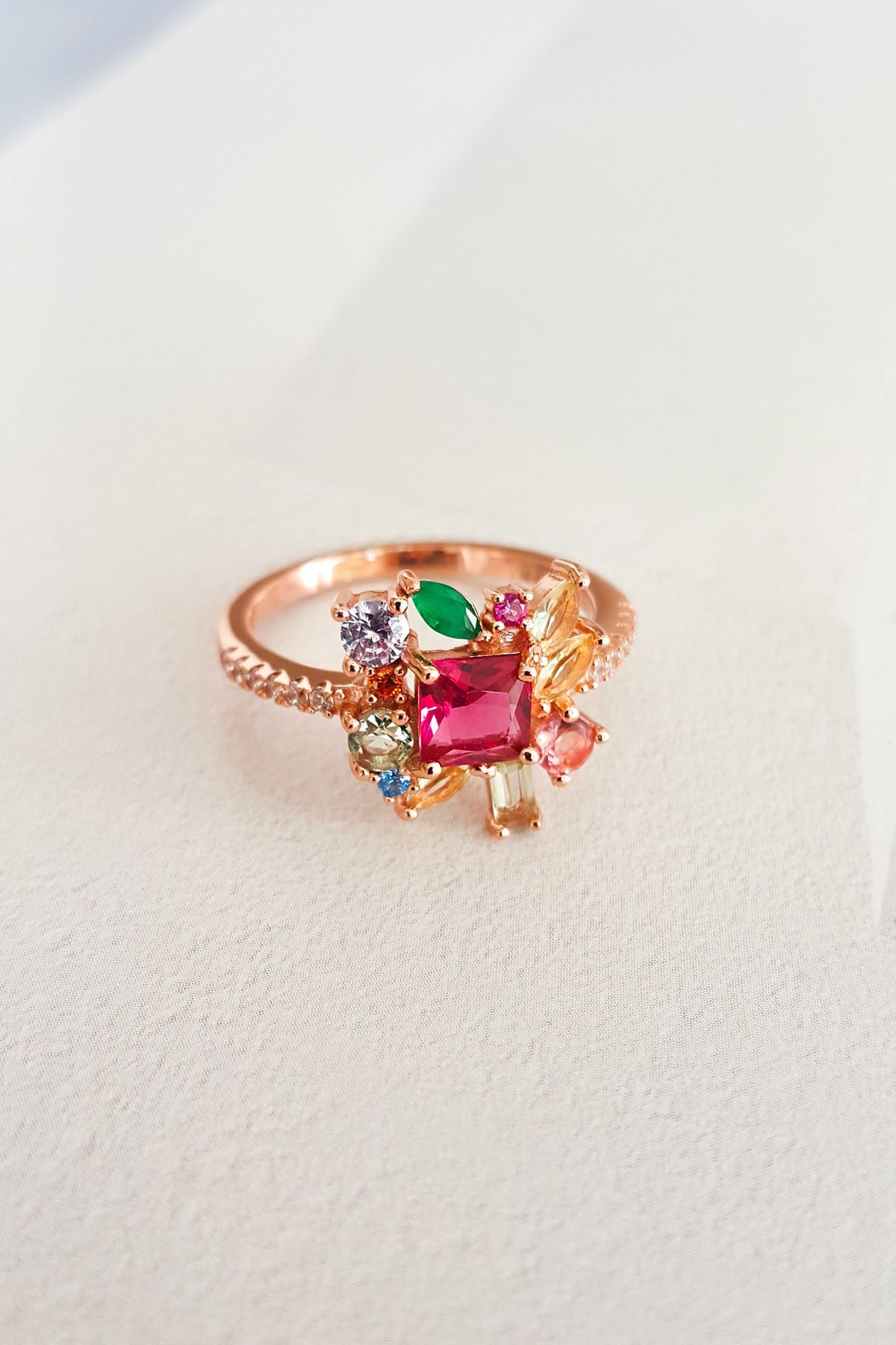 Special Cut Silver Ring with Colored Stones