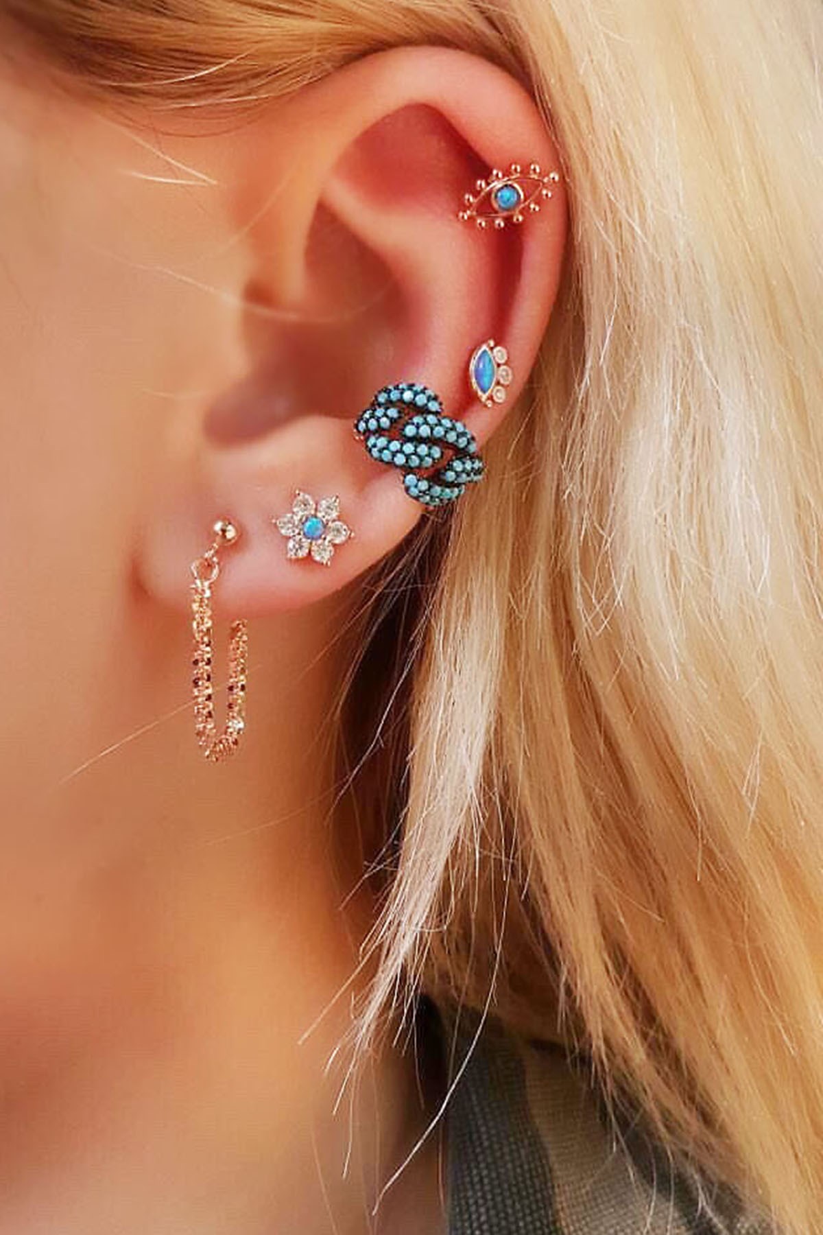 Single Blue Eye Silver Piercing Earrings