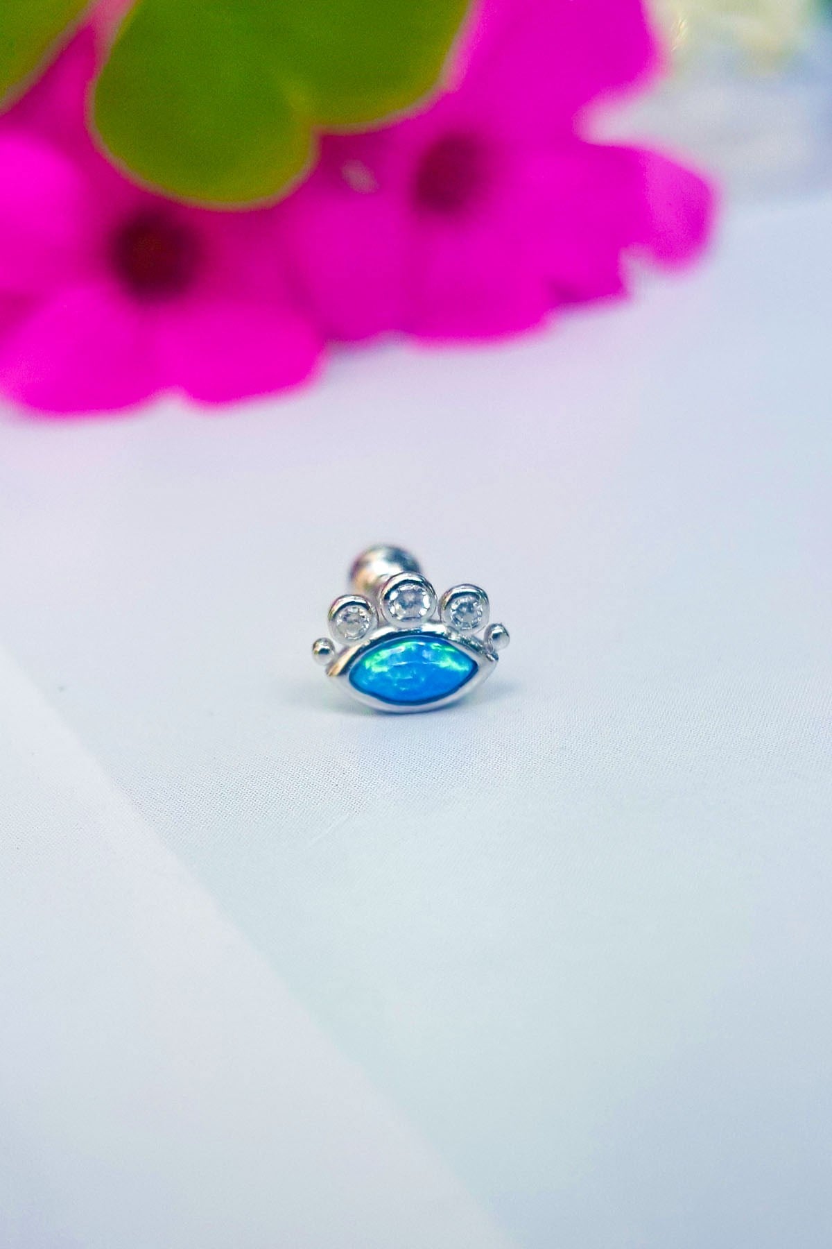 Single Blue Eye Silver Piercing Earrings