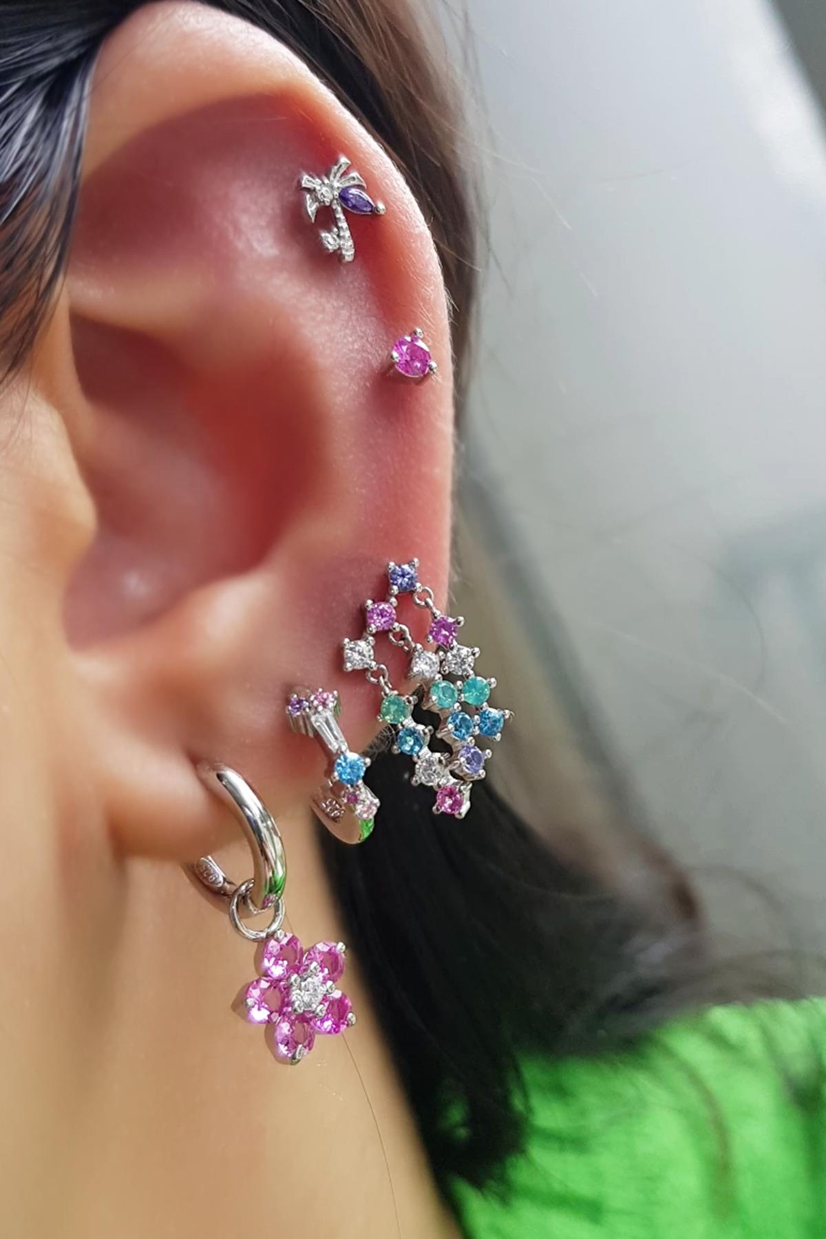 TEKLİ İTHAL PALMİYE GÜMÜŞ PİERCİNG KÜPE