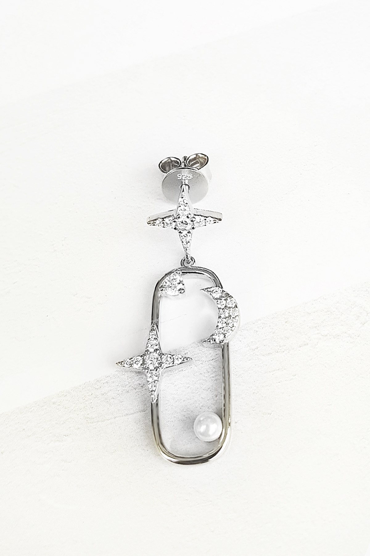TEKLİ İTHAL SQUARE MOON STAR PEARL GÜMÜŞ KÜPE