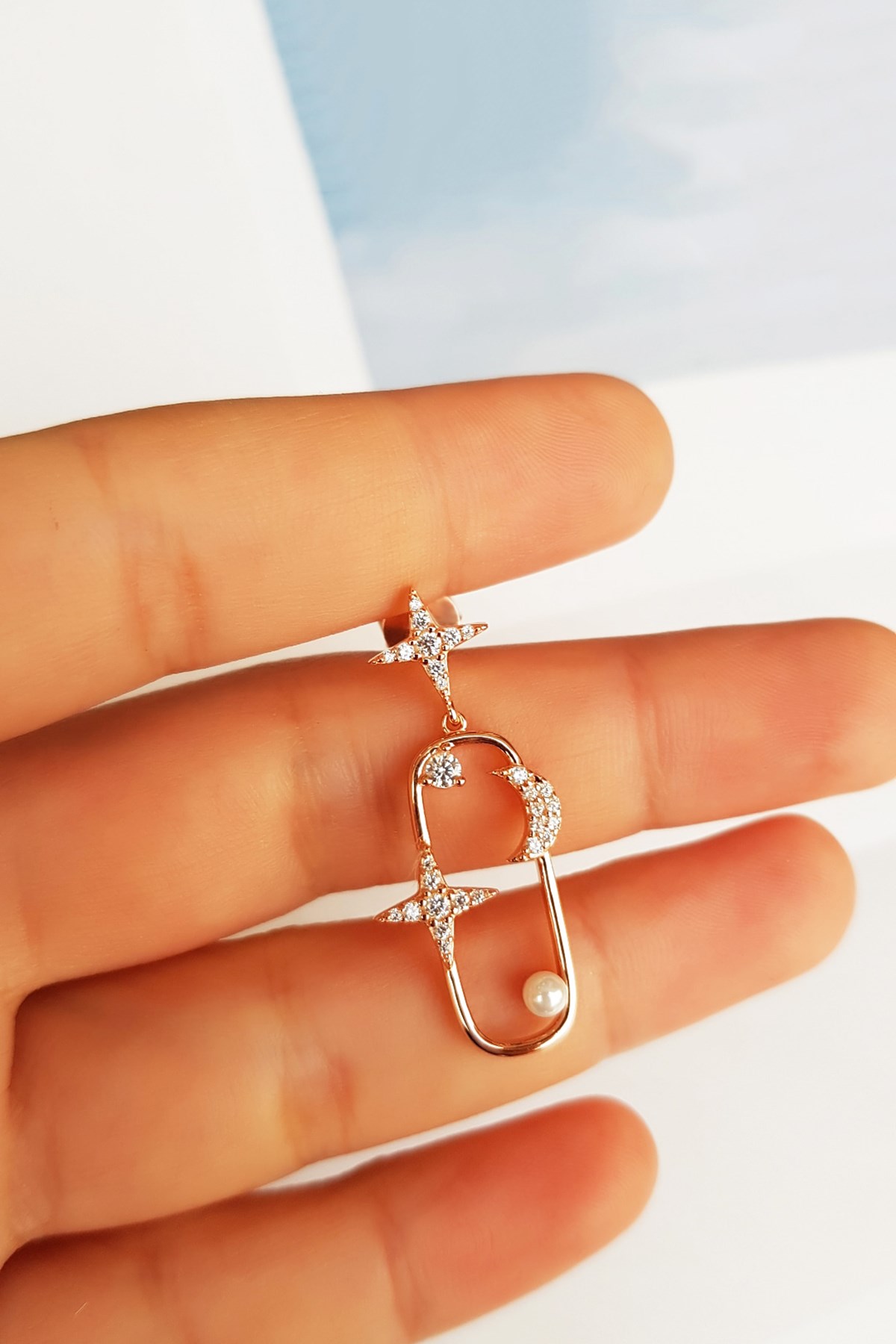 TEKLİ İTHAL SQUARE MOON STAR PEARL GÜMÜŞ KÜPE