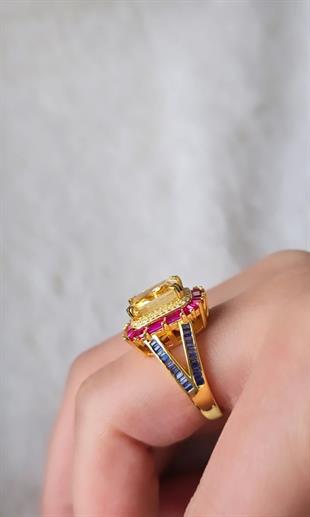  İTHAL BAGET KIRMIZI SARI VIP DİKDÖRTGEN GÜMÜŞ YÜZÜK