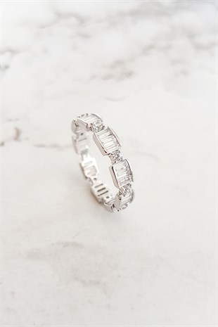 White Full Tour Silver Ring with Baguette Stone