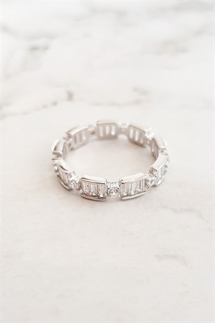 White Full Tour Silver Ring with Baguette Stone