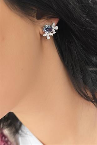 ÇİÇEKLİ BLACK SİYAH LABORATUVAR PIRLANTA GÜMÜŞ KÜPE