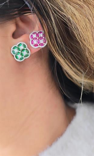 ÇİFT İHTAL YEŞİL ÇİÇEKLİ GÜMÜŞ KÜPE