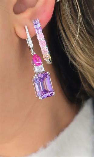 ÇİFT İTHAL BAGET MOR FUŞYA SALLANTILI UZUN GÜMÜŞ KÜPE