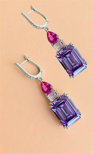 ÇİFT İTHAL BAGET MOR FUŞYA SALLANTILI UZUN GÜMÜŞ KÜPE