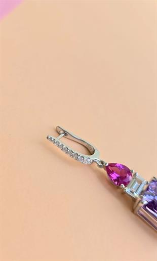 ÇİFT İTHAL BAGET MOR FUŞYA SALLANTILI UZUN GÜMÜŞ KÜPE