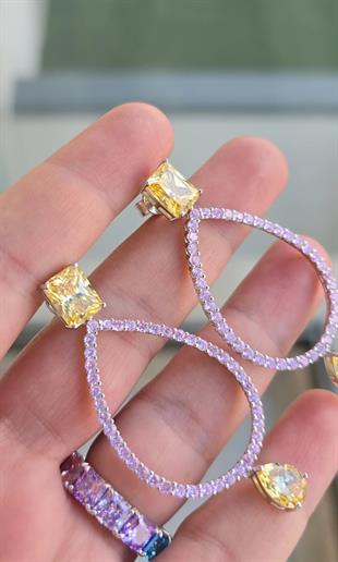 ÇİFT İTHAL DAMLA PEMBE SARI BUZ KESİM VIP GÜMÜŞ KÜPE 