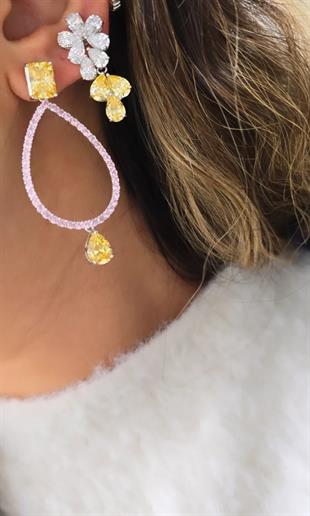 ÇİFT İTHAL DAMLA PEMBE SARI BUZ KESİM VIP GÜMÜŞ KÜPE 