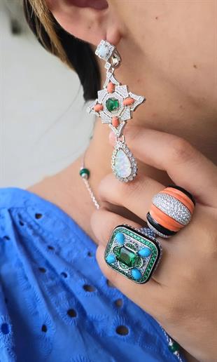 ÇİFT İTHAL OPAL MERCAN DAMLA GALAXY GÜMÜŞ KÜPE 