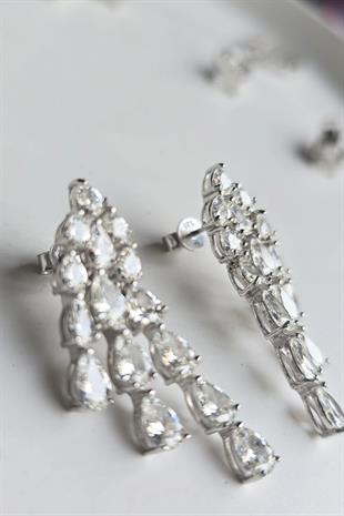 ÇİFT MOZANİT 3LÜ SIRA DAMLA SALLANTILI GÜMÜŞ KÜPE