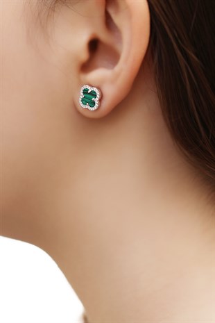 ÇİFTLİ, YEŞİL TAŞLI YONCA GÜMÜŞ KÜPE