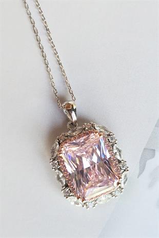 ICE CUT PEMBE BÜYÜK TAŞLI GÜMÜŞ KOLYE