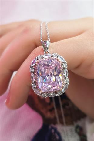 ICE CUT PEMBE BÜYÜK TAŞLI GÜMÜŞ KOLYE