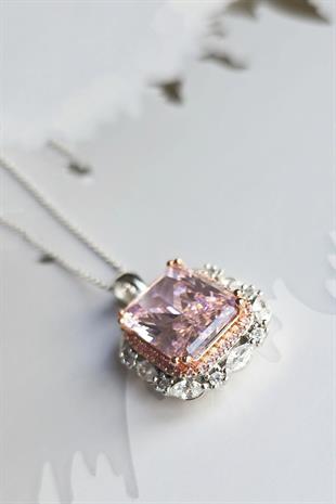 ICE CUT PEMBE BÜYÜK TAŞLI GÜMÜŞ KOLYE