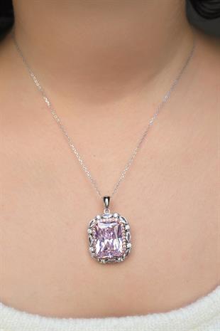 ICE CUT PEMBE BÜYÜK TAŞLI GÜMÜŞ KOLYE