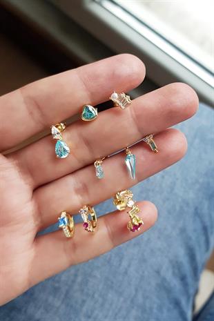 İTHAL 1CM BAGET MİNİ HALKA AQUA TAŞ GÜMÜŞ KÜPE