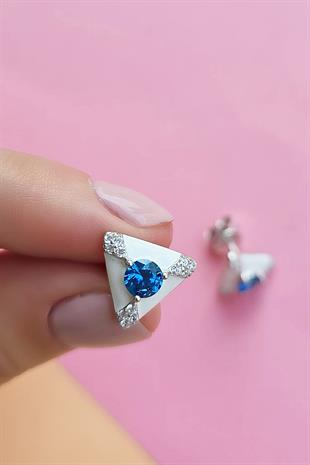 İTHAL ÇİFT MAVİ BUZ KESİM BEYAZ ÜÇGEN GÜMÜŞ KÜPE 