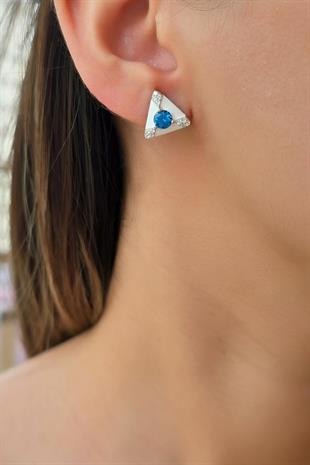 İTHAL ÇİFT MAVİ BUZ KESİM BEYAZ ÜÇGEN GÜMÜŞ KÜPE 