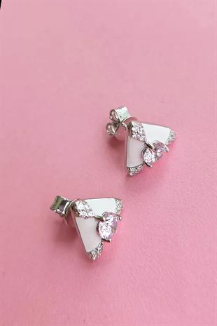 İTHAL ÇİFT PEMBE BUZ KESİM BEYAZ ÜÇGEN GÜMÜŞ KÜPE