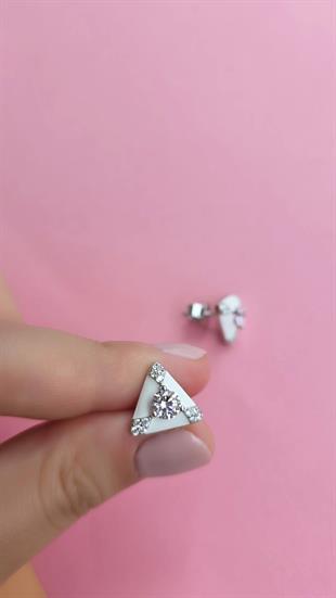 İTHAL ÇİFT PEMBE BUZ KESİM BEYAZ ÜÇGEN GÜMÜŞ KÜPE