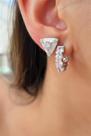 İTHAL ÇİFT PEMBE BUZ KESİM BEYAZ ÜÇGEN GÜMÜŞ KÜPE