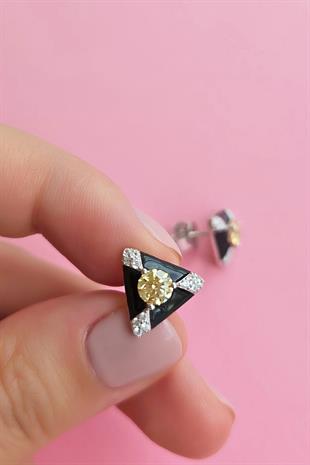 İTHAL ÇİFT SARI BUZ KESİM SİYAH ÜÇGEN GÜMÜŞ KÜPE