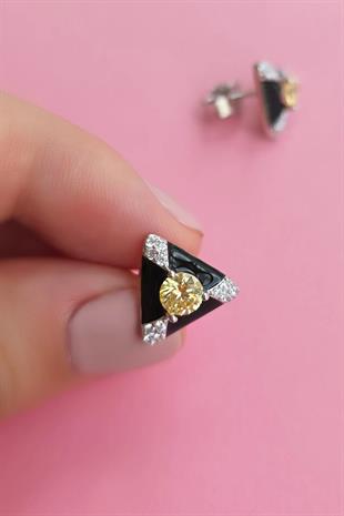 İTHAL ÇİFT SARI BUZ KESİM SİYAH ÜÇGEN GÜMÜŞ KÜPE