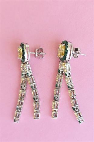 İTHAL ÇİFT ZÜMRÜT VE SARI SALLANTILI GÜMÜŞ KÜPE