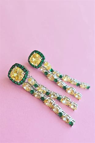 İTHAL ÇİFT ZÜMRÜT VE SARI SALLANTILI GÜMÜŞ KÜPE