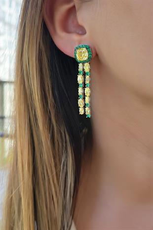 İTHAL ÇİFT ZÜMRÜT VE SARI SALLANTILI GÜMÜŞ KÜPE