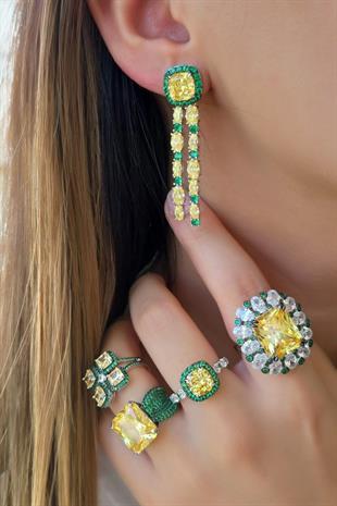 İTHAL ÇİFT ZÜMRÜT VE SARI SALLANTILI GÜMÜŞ KÜPE