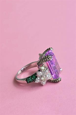 İTHAL DİKDÖRTGEN MOR BUZ KESİM  GÜMÜŞ YÜZÜK