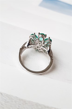 IMPORTED GREEN FLOWER SILVER RING 