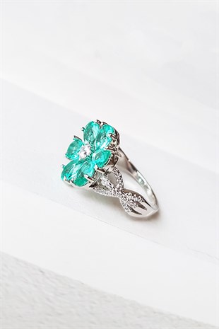 IMPORTED GREEN FLOWER SILVER RING 