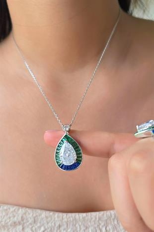 İTHAL MAVİ YEŞİL BAGET DAMLA GÜMÜŞ KOLYE