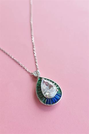 İTHAL MAVİ YEŞİL BAGET DAMLA GÜMÜŞ KOLYE