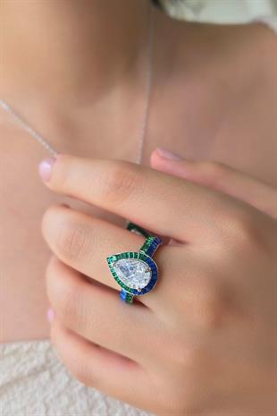 İTHAL MAVİ YEŞİL BAGET DAMLA GÜMÜŞ YÜZÜK 