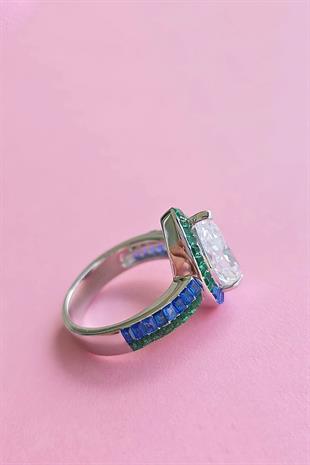 İTHAL MAVİ YEŞİL BAGET DAMLA GÜMÜŞ YÜZÜK 